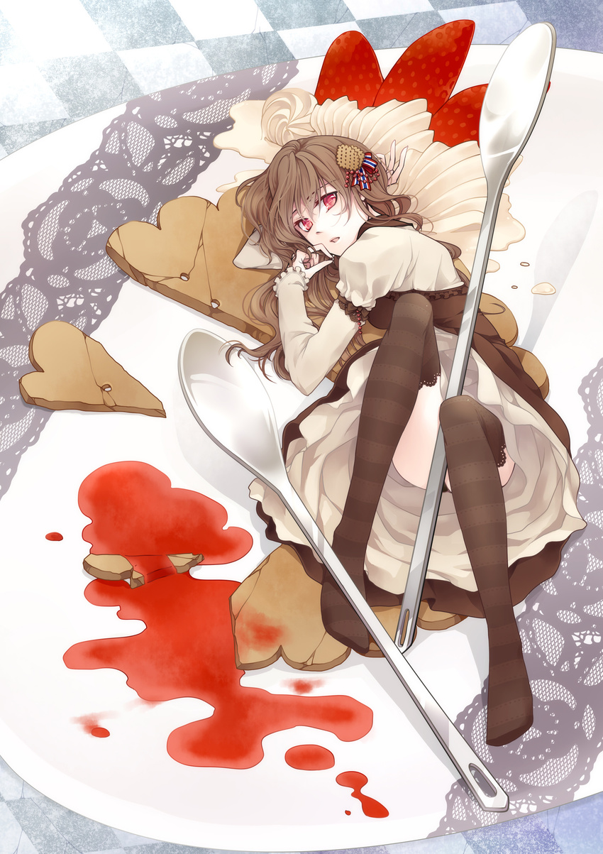 absurdres brown_hair dress food fruit hair_ornament highres ice_cream long_hair lying original personification red_eyes solo spoon strawberry striped striped_legwear thighhighs tokikane_mikan