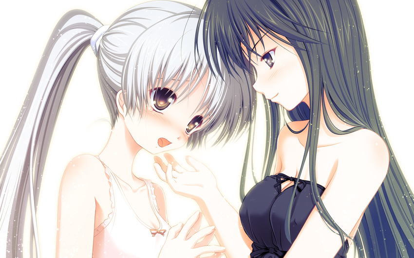 bad_id bad_pixiv_id bare_shoulders black_eyes black_hair blush breasts hands_together highres long_hair medium_breasts multiple_girls open_mouth original ponytail profile silver_hair simple_background small_breasts tears wallpaper yuunagi_yuu