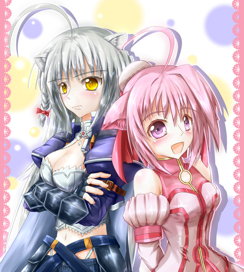 2girls ahoge animal_ears arm_gloves armor arms_behind_back bare_shoulders braid breasts cat_ears cleavage crossed_arms dog_days dog_ears dress fingerless_gloves gloves grin highres leonmitchelli_galette_des_rois long_hair midriff millhiore_f_biscotti multiple_girls navel open_mouth pink_eyes pink_hair short_hair silver_hair smile yellow_eyes