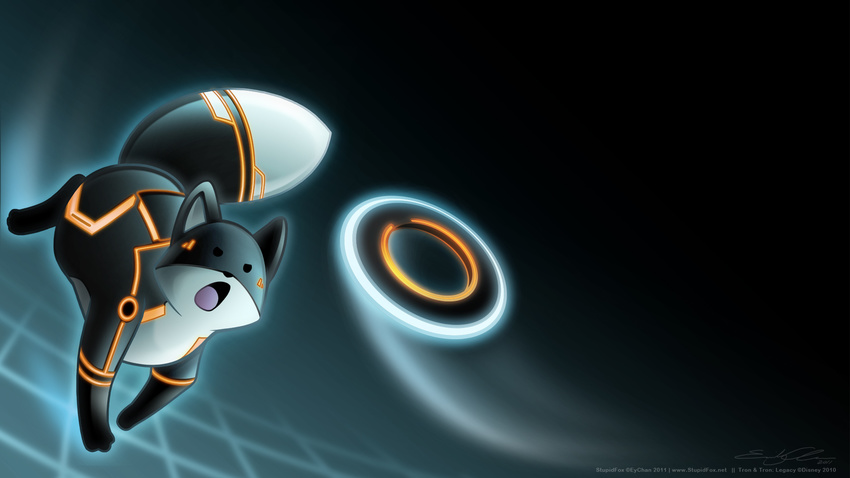 canine computer emily_chan fox humor identity_disc male mammal open_mouth parody solo stupidfox tail the_grid tongue tron wallpaper weapon widescreen