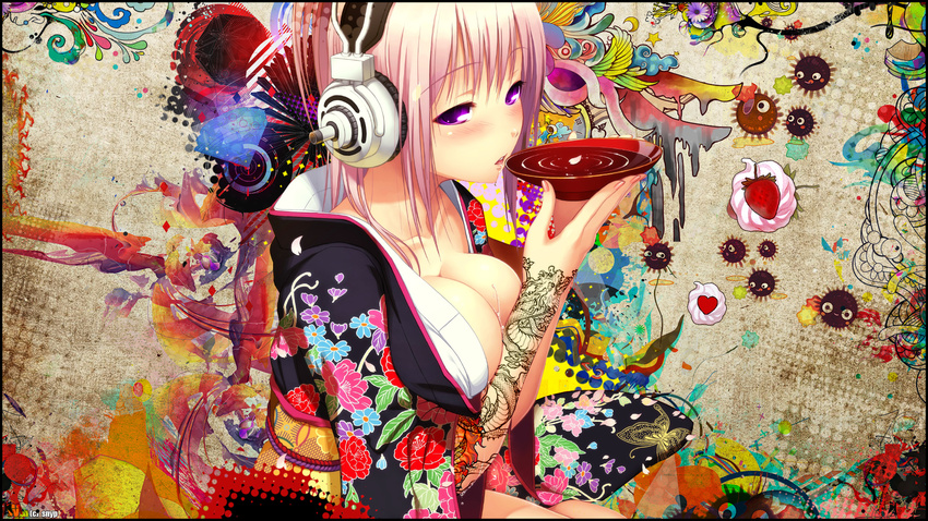 fruit headphones japanese_clothes kimono nitroplus pink_hair purple_eyes sake snyp soniko strawberry super_soniko tsuji_santa