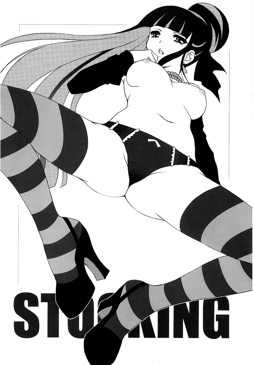 breasts detached_sleeves high_heels highres long_hair monochrome panties panty panty_&amp;_stocking_with_garterbelt shoes stocking_(character) stocking_(psg) striped striped_legwear striped_thighhighs topless underwear