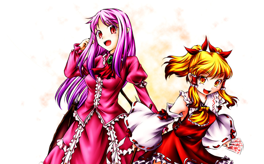 2girls alternate_hair_color alternate_hairstyle hakurei_reimu highres long_hair multiple_girls remilia_scarlet short_hair touhou twintails wings yuzu_momo