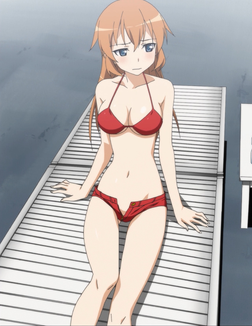ass_visible_through_thighs bikini blue_eyes blush breasts charlotte_e_yeager cleavage highres legs long_hair long_legs medium_breasts navel non-web_source open_clothes open_fly open_shorts red_bikini screencap short_shorts shorts solo stitched strike_witches swimsuit thighs third-party_edit unzipped world_witches_series