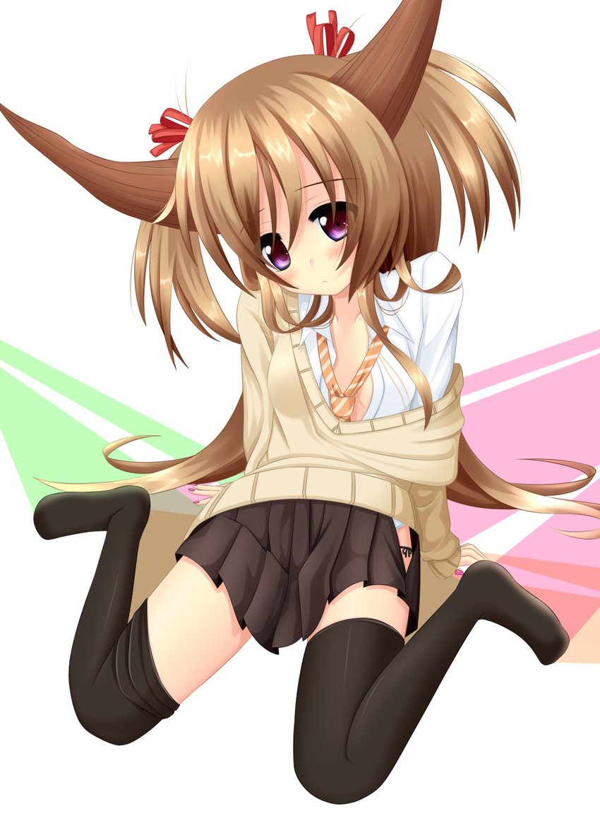 alternate_costume black_legwear brown_hair dress_shirt highres horns ibuki_suika long_hair necktie off_shoulder open_clothes open_skirt panties purple_eyes shirt sitting skirt solo thighhighs touhou underwear wariza white_panties yoye_(pastel_white)