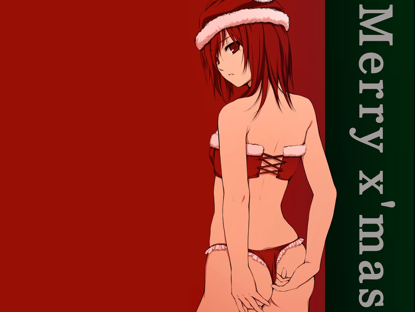 christmas coffee-kizoku original panties red red_eyes red_hair santa_costume short_hair underwear