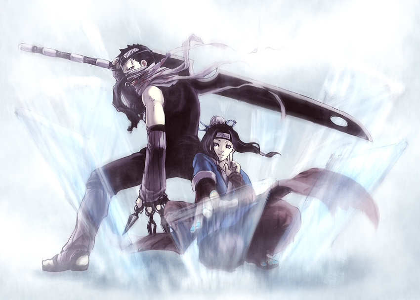 2boys bad_id bandana bandanna haku haku_(naruto) kubikirihouchou kunai mask momochi_zabuza multiple_boys naruto ninja pixiv(129542) shinobi sword weapon