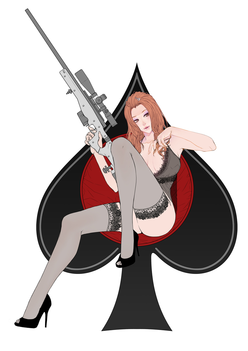 ai_arctic_warfare bad_id bad_pixiv_id bolt_action breasts brown_eyes fingernails gun hair_ornament hairclip high_heels highres holding holding_gun holding_weapon lace lace-trimmed_thighhighs large_breasts lingerie long_fingernails nightgown red_hair rifle scope shoes sitting sniper_rifle solo starcraft sww13 thighhighs toes underwear weapon