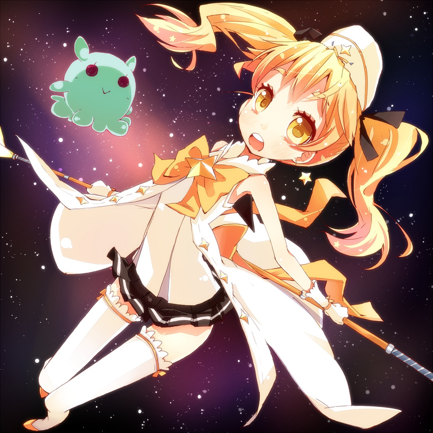 blonde_hair hat hato_haru highres hikaru_(houkago_no_pleiades) houkago_no_pleiades miniskirt pleated_skirt pleiadean polearm skirt solo space thighhighs twintails weapon white_legwear yellow_eyes