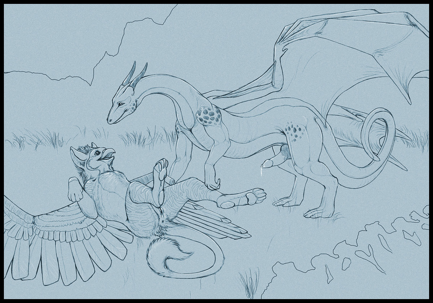 anus artonis avian blue_theme cum dragon female feral gryphon horn horns interspecies knot lying male monochrome non-anthro on_back penis pussy sketch wings