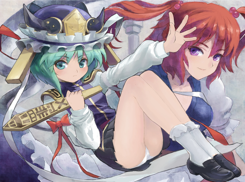 absurdres bare_legs breasts flat_chest green_eyes green_hair hair_bobbles hair_ornament hat highres large_breasts legs loafers multiple_girls onozuka_komachi outstretched_arm panties pleated_skirt purple_eyes red_hair ribbon rod_of_remorse shiki_eiki shintanijun shoes short_hair skirt smile socks touhou two_side_up underwear upskirt white_legwear white_panties