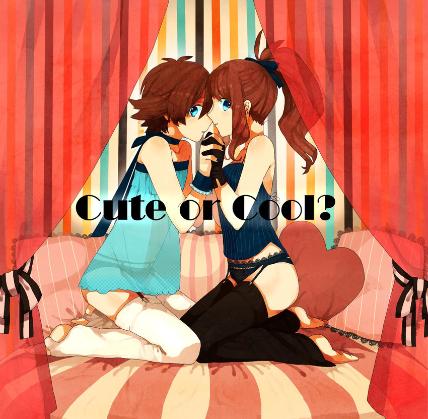 1boy 1girl bare_shoulders black_(pokemon) black_gloves black_legwear blue_eyes bow brown_hair bustier crossdress crossdressing curtains dress english forehead-to-forehead frown garter_belt garter_straps gloves hand_holding heart heart_pillow highres holding_hands interlocked_fingers kneeling lingerie long_hair looking_at_viewer midriff muraichi nail_polish navel neck_ribbon on_bed open_mouth panties payot pillow pokemon pokemon_(game) pokemon_black_and_white pokemon_bw ponytail ribbon see-through seiza short_dress short_hair sidelocks sitting smile strapless_dress striped striped_background thighhighs toeless_legwear touko_(pokemon) touya_(pokemon) trap underwear white_(pokemon) white_legwear wristband