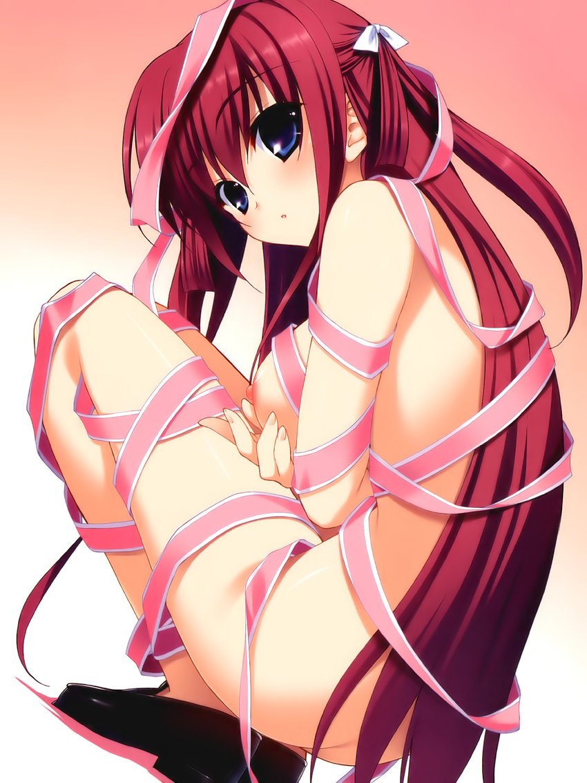 ass blue_hair blush breasts entangled from_behind fumio_(ura_fmo) grisaia_(series) grisaia_no_kajitsu hair_ribbon highres large_breasts loafers long_hair long_legs looking_back naked_ribbon nipples no_socks open_mouth red_hair ribbon shoes solo squatting suou_amane twintails very_long_hair