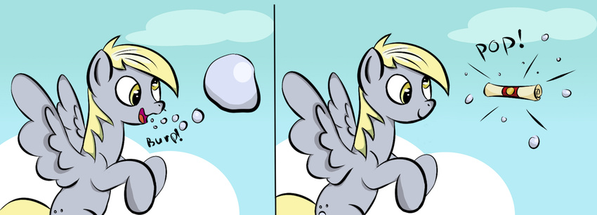 amber_eyes blonde_hair bubble burp cloud derp derpy_hooves_(mlp) equine female flying friendship_is_magic hair horse my_little_pony pony pop scroll sky wings