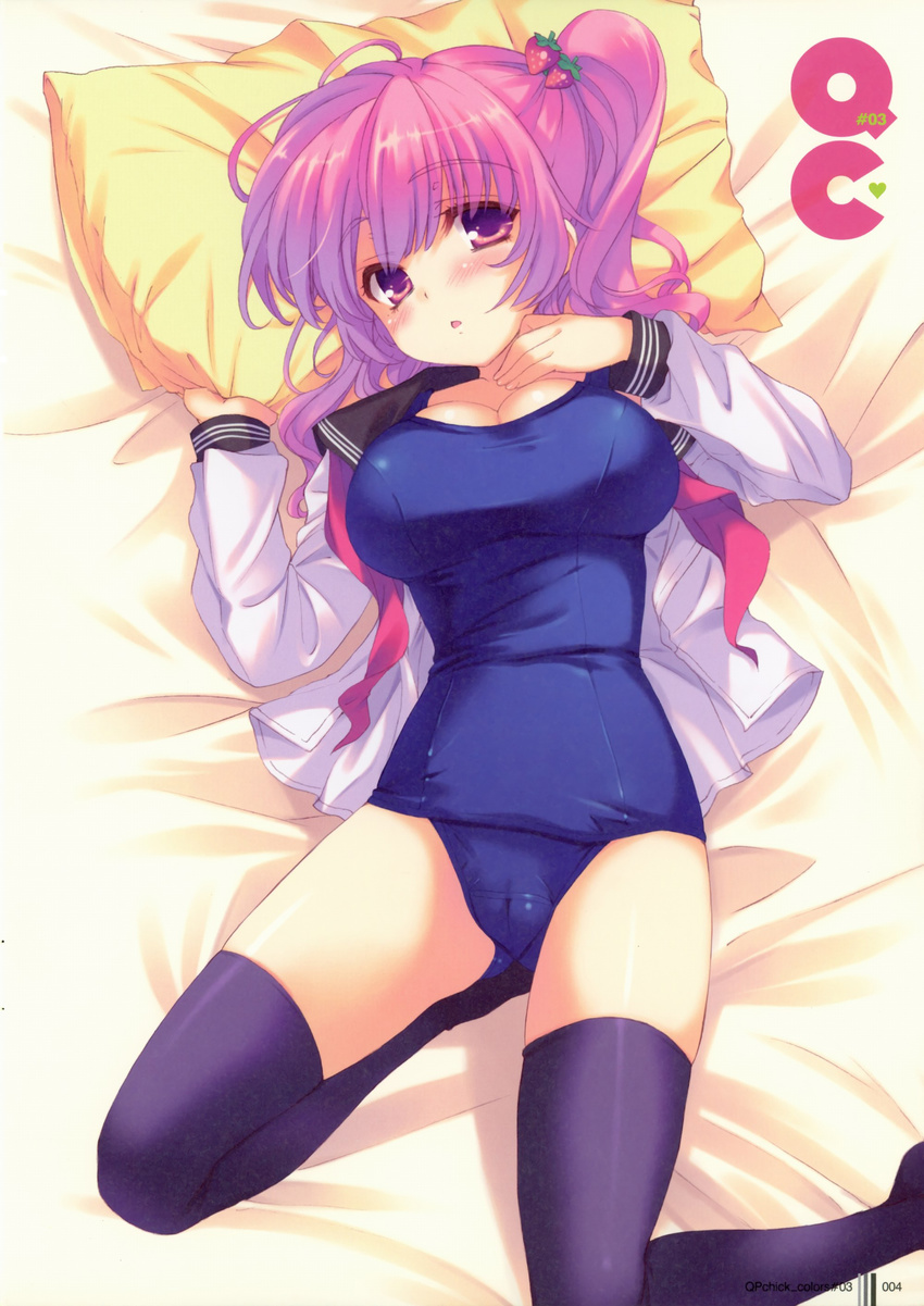 :o absurdres ahoge bed blue_legwear blush breasts cameltoe cleavage copyright_request embarrassed food food_themed_hair_ornament from_above fruit hair_ornament hairclip highres large_breasts legs long_hair long_legs lying ohara_tometa on_back one-piece_swimsuit one_side_up open_mouth pillow pink_eyes pink_hair ponytail qp:flapper ribbon scan school_swimsuit school_uniform serafuku solo strawberry strawberry_hair_ornament swimsuit swimsuit_under_clothes thighhighs thighs zettai_ryouiki