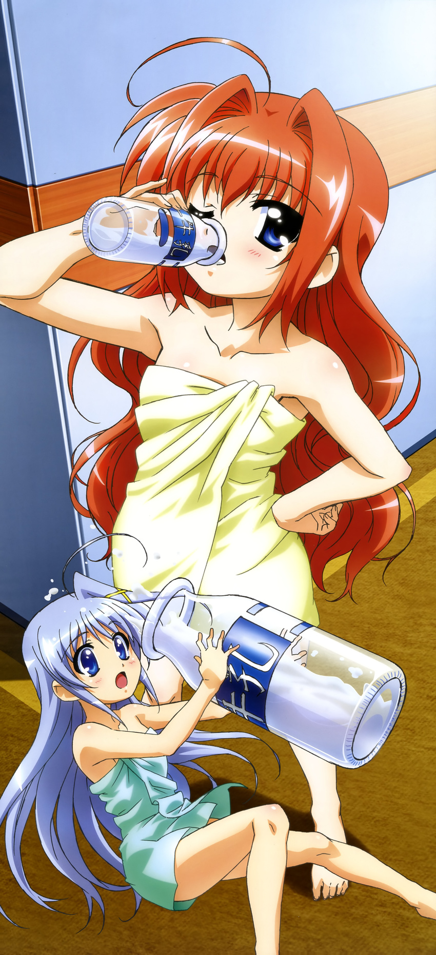 absurdres ahoge blue_eyes brown_hair drinking feet hand_on_hip hashimoto_takayoshi highres long_hair long_image lyrical_nanoha mahou_shoujo_lyrical_nanoha_strikers milk multiple_girls non-web_source nyantype official_art one_eye_closed reinforce_zwei scan silver_hair stick_poster tall_image towel very_long_hair vita