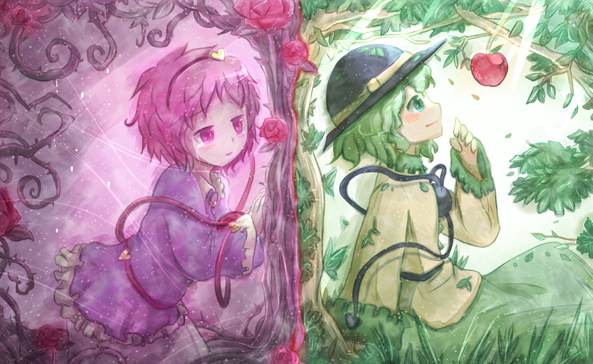 apple blush eyeball flower food fruit heart highres itokana komeiji_koishi komeiji_satori multiple_girls open_mouth red_flower red_rose rose siblings sisters smile tears third_eye thorns touhou tree