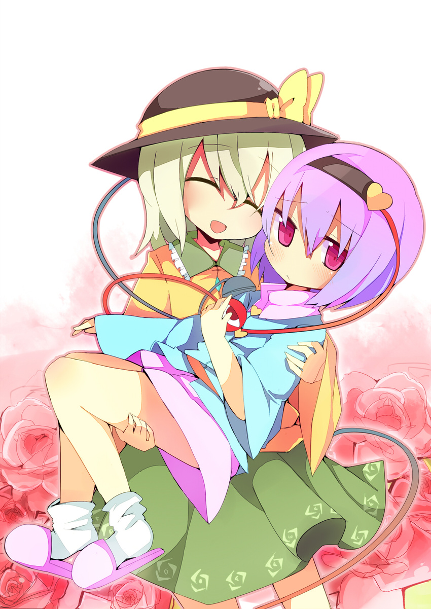 bad_id bad_pixiv_id blush carrying eyeball flower green_hair hat highres komeiji_koishi komeiji_satori multiple_girls pink_eyes pink_flower pink_hair pink_rose princess_carry purple_eyes rose rowtan siblings sisters slippers third_eye touhou