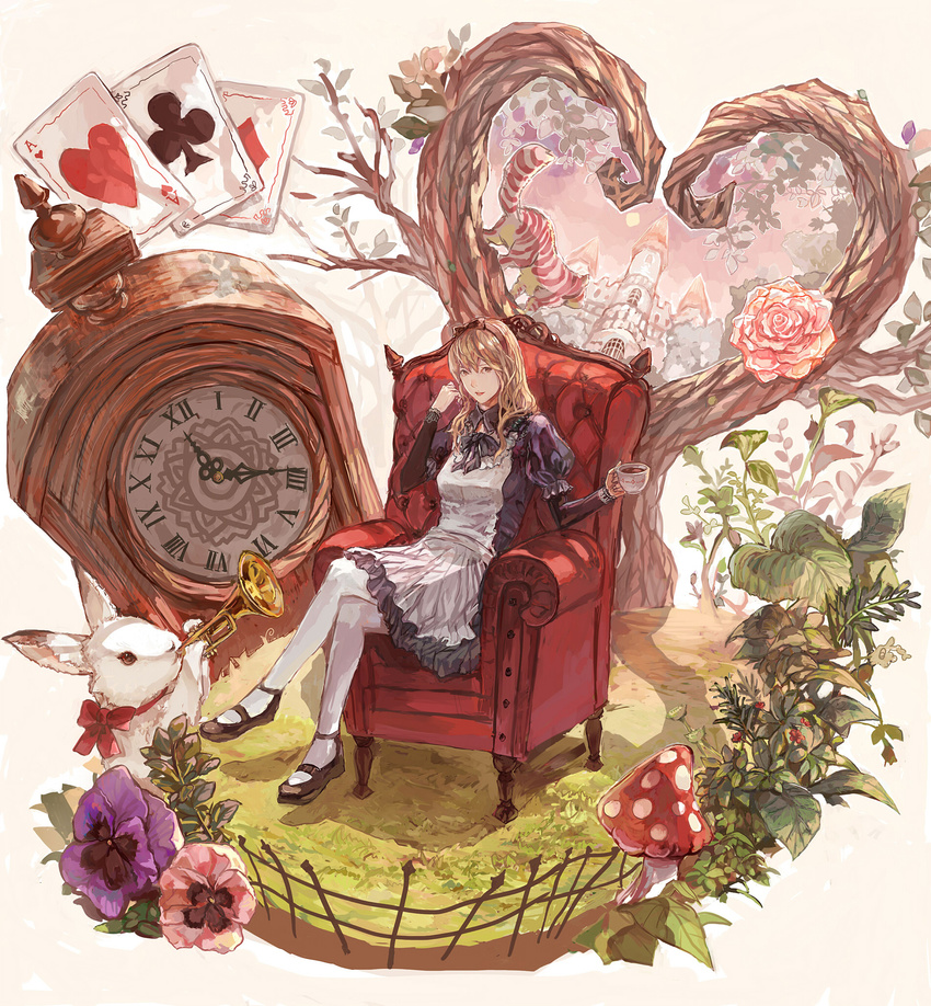 alice_(wonderland) alice_in_wonderland armchair blonde_hair bunny card chair cheshire_cat clock crossed_legs cup faux_figurine floating_card flower hairband highres instrument long_hair mary_janes mushroom pansy pantyhose pink_flower pink_rose playing_card rose shoes sitting solo tanukiudon-umai teacup trumpet white_legwear