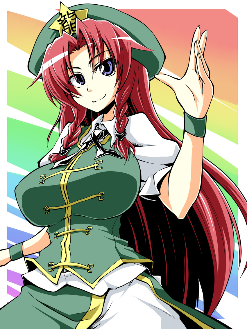 blue_eyes braid breasts chinese_clothes hat highres hong_meiling huge_breasts long_hair red_hair regls solo touhou twin_braids