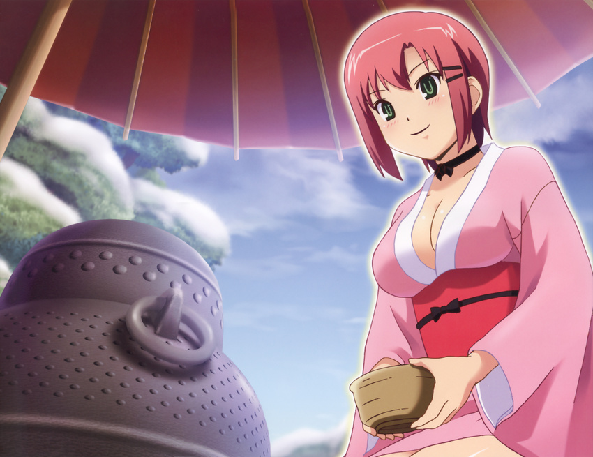 absurdres artist_request breasts cleavage green_eyes highres japanese_clothes kimono large_breasts oriental_umbrella pink_hair rio_rollins short_hair smile solo super_blackjack umbrella