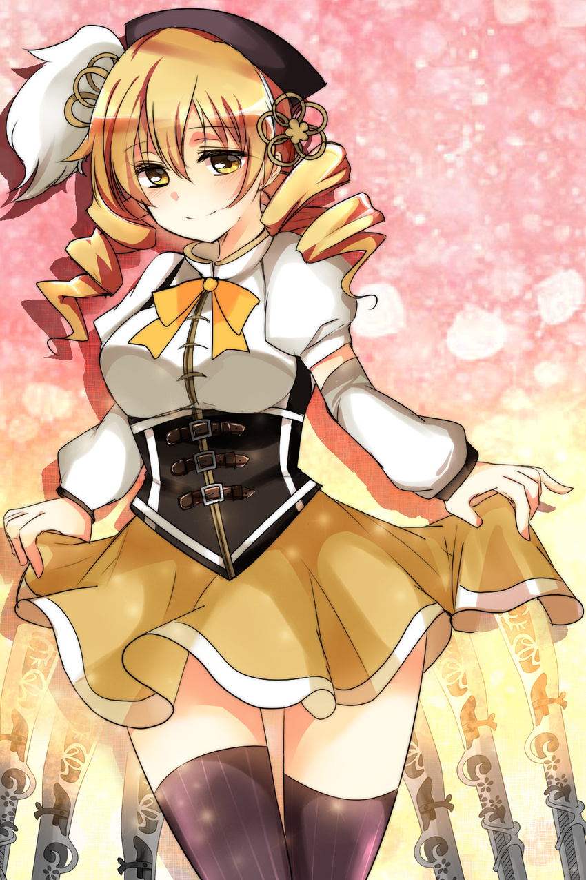beret blonde_hair breasts drill_hair gun hair_ornament hat highres large_breasts magical_girl magical_musket mahou_shoujo_madoka_magica pleated_skirt puffy_sleeves rifle shromann skirt skirt_lift smile solo thighhighs tomoe_mami weapon yellow_eyes zettai_ryouiki