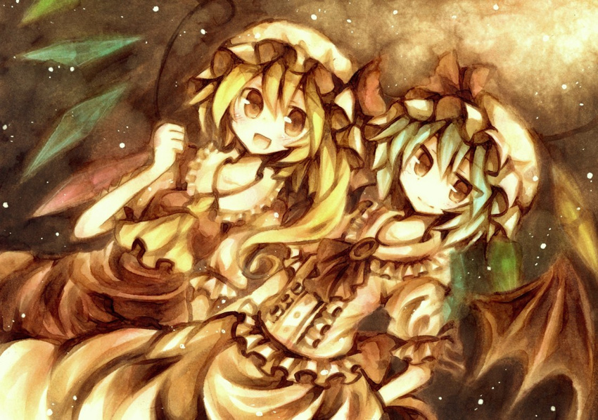 bad_id bad_pixiv_id blonde_hair blue_hair clenched_hand dutch_angle flandre_scarlet hat hat_ribbon marker_(medium) multiple_girls no_nose red_eyes remilia_scarlet ribbon sepia short_hair siblings sisters touhou traditional_media wings wiriam07