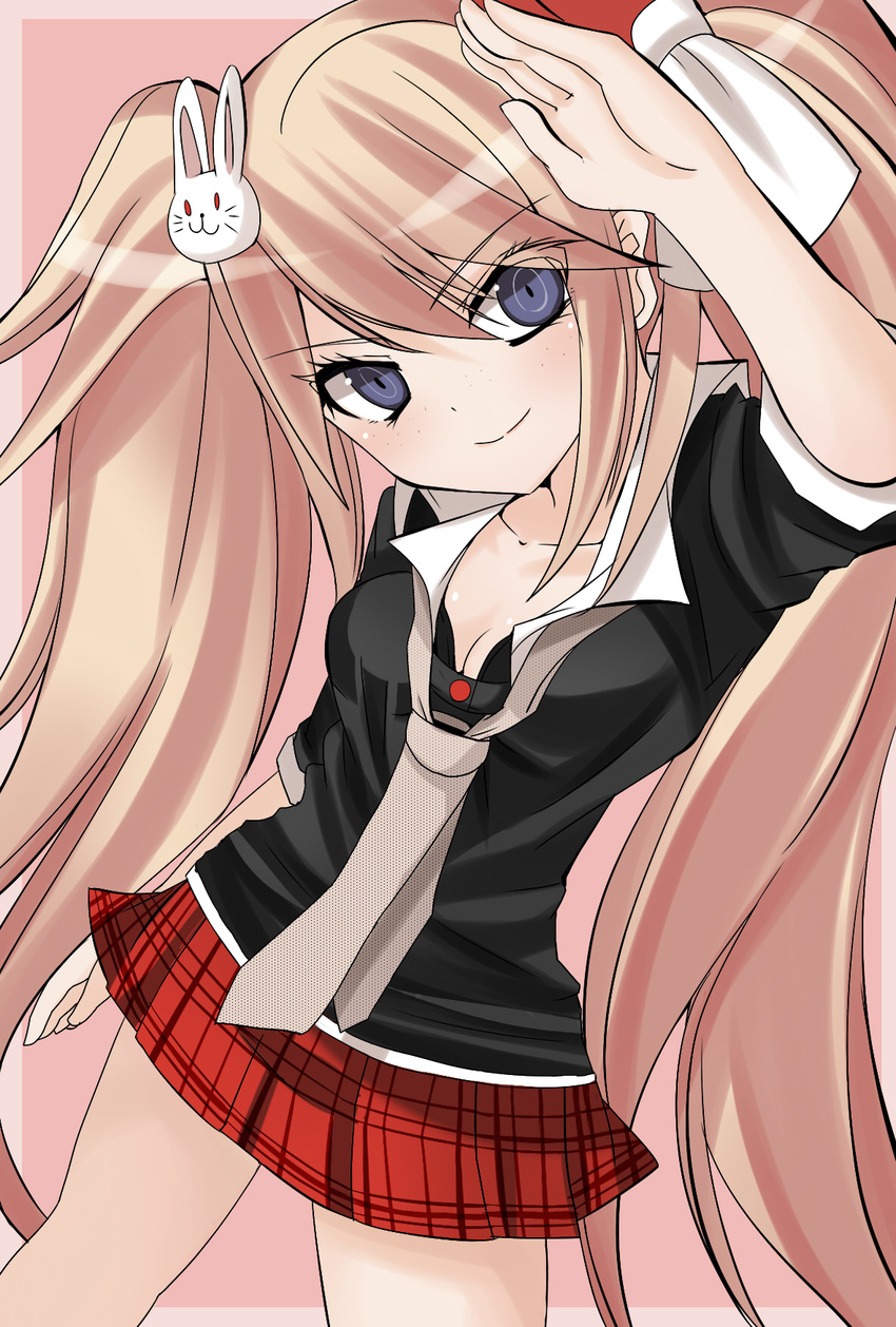 bad_id bad_pixiv_id blue_eyes bow danganronpa danganronpa_1 enoshima_junko freckles hair_bow hair_ornament highres ikusaba_mukuro jontake long_hair necktie pink_hair plaid skirt solo twintails