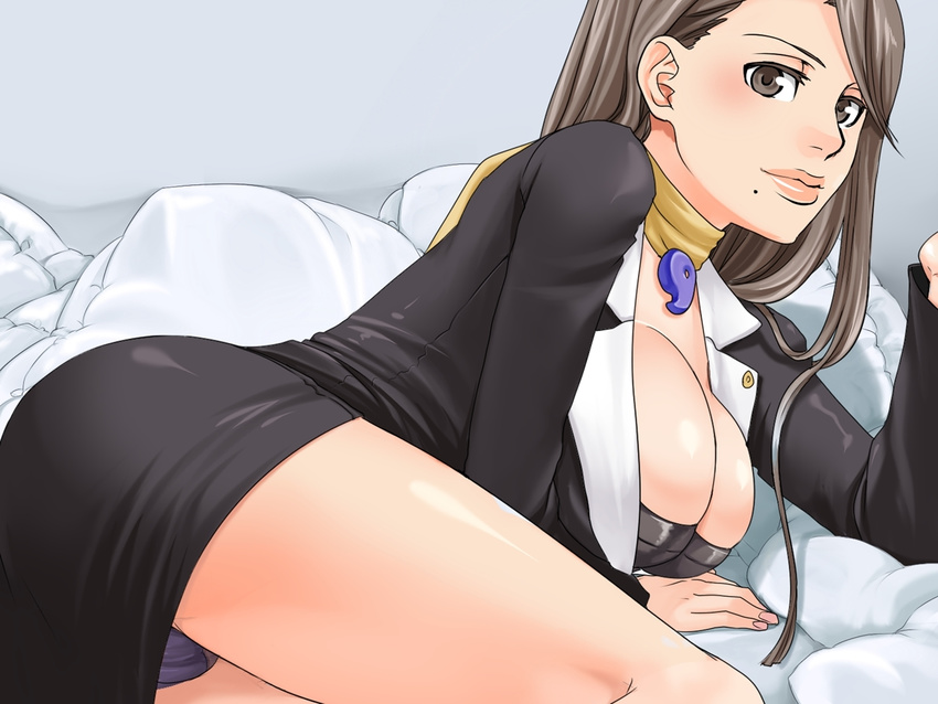 ace_attorney artist_request ayasato_chihiro blush breasts brown_hair capcom cleavage dress female gyakuten_saiban large_breasts mia_fey mole panties scarf solo underwear