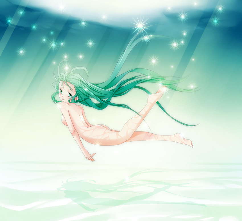 ass back barefoot floating_hair freediving green_eyes green_hair haruki_(colorful_macaron) hatsune_miku highres legs light_rays long_hair looking_back nude shadow smile solo sparkle sunbeam sunlight underwater very_long_hair vocaloid