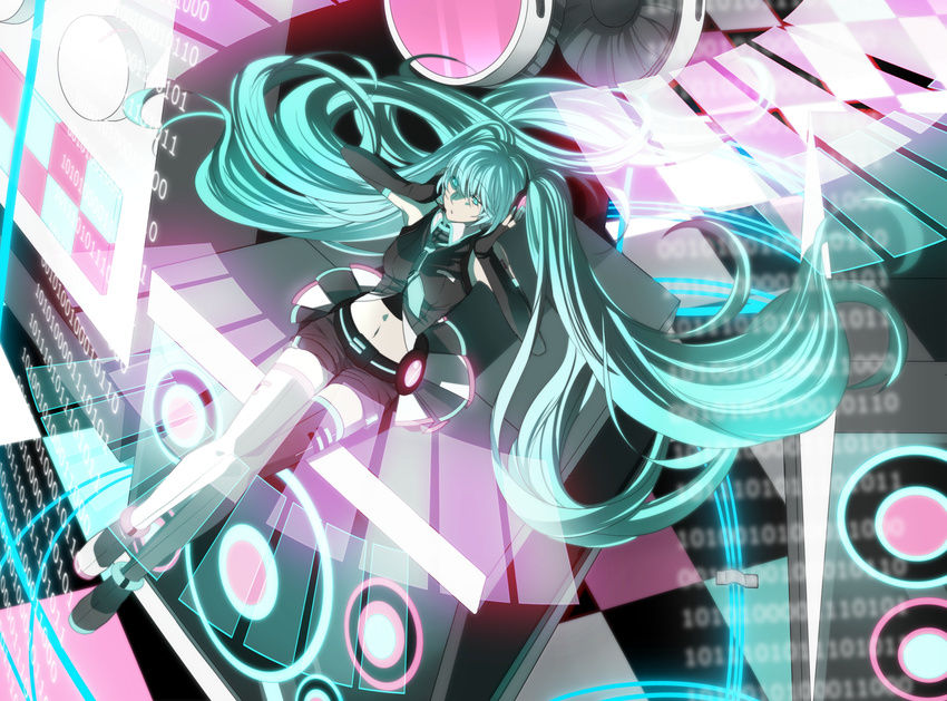 anklet aqua_eyes aqua_hair binary boots elbow_gloves fingerless_gloves gloves hatsune_miku headphones headset jewelry long_hair necktie setsu skirt solo thigh_boots thighhighs twintails very_long_hair vocaloid