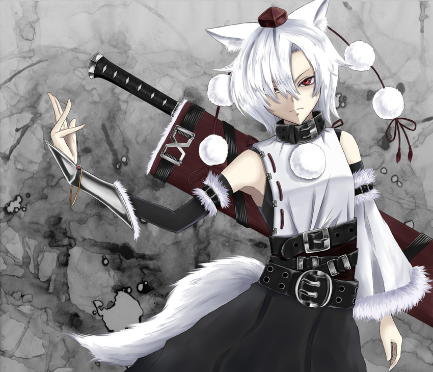 alternate_weapon animal_ears asymmetrical_clothes bare_shoulders belt collar detached_sleeves embellished_costume gauntlets hair_over_one_eye hat hiba_(p-p-purin) inubashiri_momiji red_eyes sheath sheathed short_hair silver_hair solo sword tail tokin_hat touhou weapon wolf_ears wolf_tail