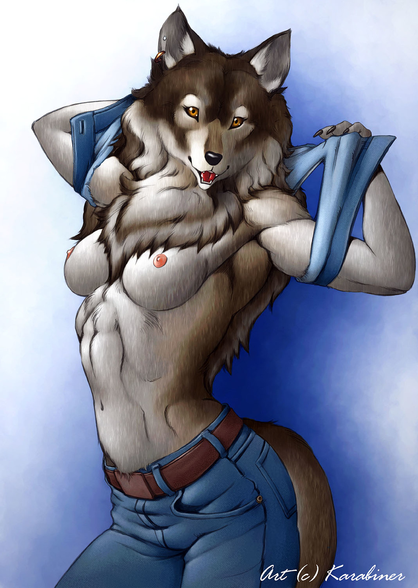 2005 breasts brown canine chest_tuft ear_piercing earring female jeans karabiner looking_at_viewer open_shirt piercing pose solo standing tail topless undressing wolf yellow_eyes