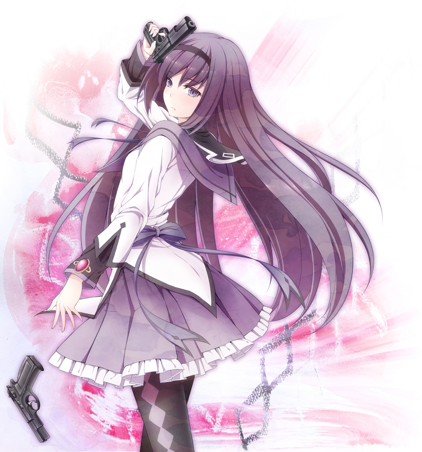 absurdres akemi_homura black_hair cz-75 gun hairband handgun highres long_hair mahou_shoujo_madoka_magica pantyhose pistol purple_eyes purple_skirt skirt solo takano_suzu weapon