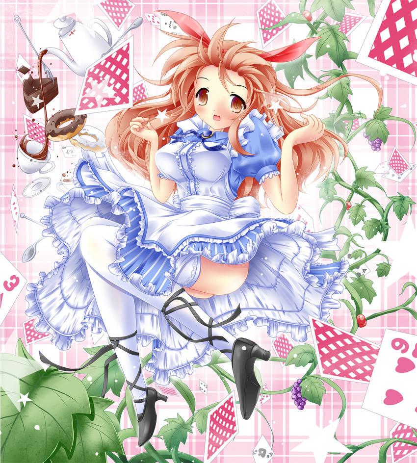 akairo_no_mako alice_(wonderland) alice_(wonderland)_(cosplay) alice_in_wonderland asahina_mikuru brown_eyes brown_hair cake card cosplay cup doughnut dress falling_card floating_card food highres long_hair plant solo suzumiya_haruhi_no_yuuutsu teacup thighhighs vines