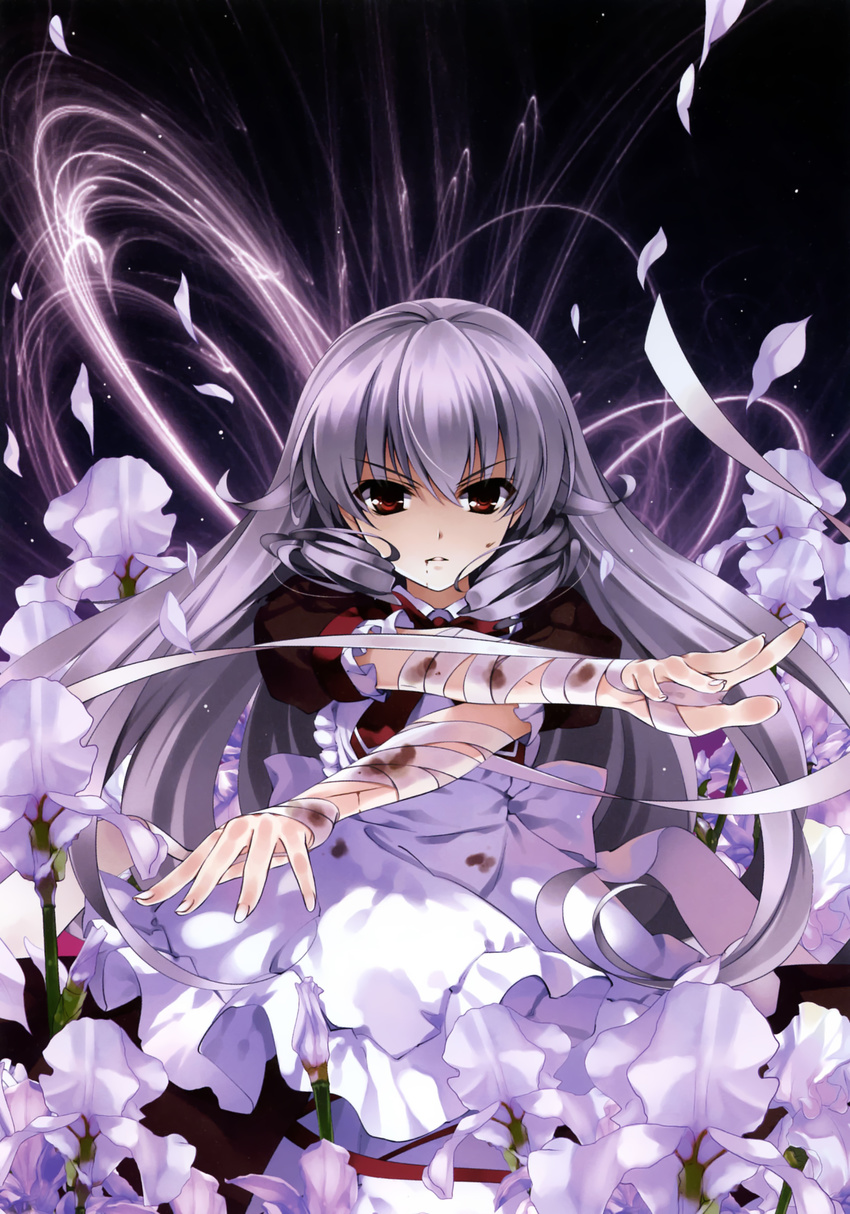 absurdres bandages boku_to_kanojo_ni_furu_yoru flower highres iris_maria_herbust long_hair maid misaki_kurehito petals silver_hair solo