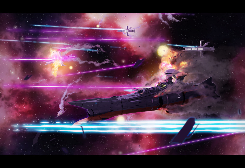 damaged fire fleet highres laser no_humans space space_craft uchuu_senkan_yamato un