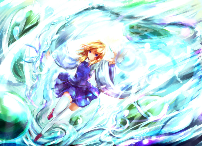 blonde_hair blue_eyes highres moriya_suwako sakura_ani short_hair solo thighhighs touhou white_legwear