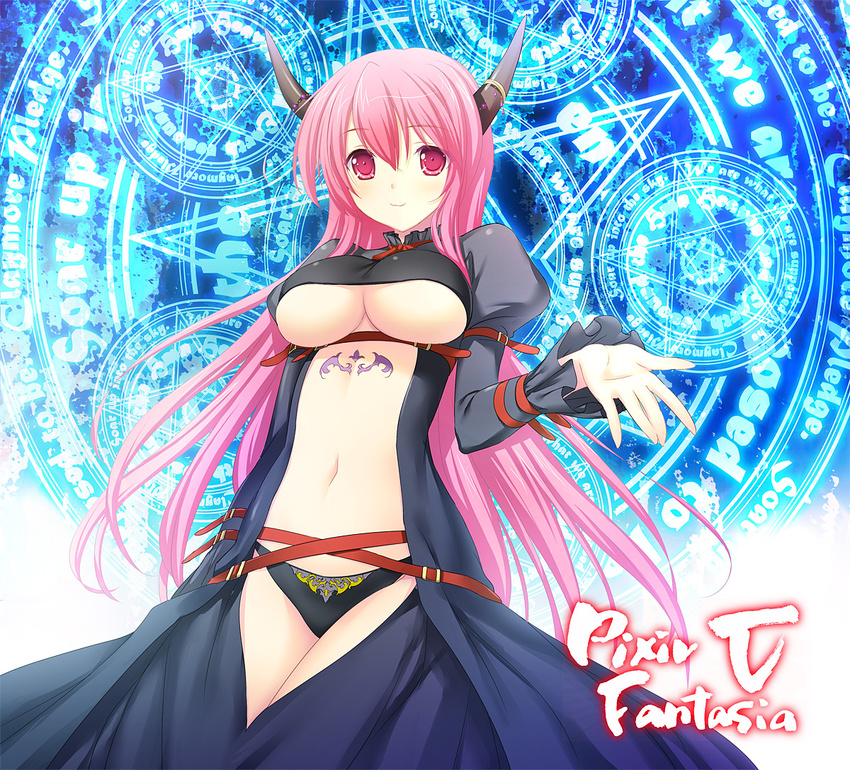 47agdragon belt breasts demon_girl horns large_breasts light_smile long_hair magic_circle midriff multiple_belts navel open_clothes open_shirt outstretched_hand panties pink_eyes pink_hair pixiv_fantasia pixiv_fantasia_5 shirt solo underboob underwear very_long_hair