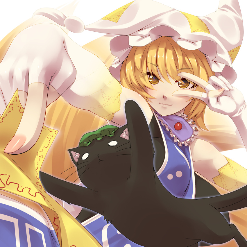 bare_shoulders blonde_hair cat chen chen_(cat) elbow_gloves fingerless_gloves foreshortening fox_tail gloves hands hat highres md5_mismatch multiple_tails ofuda short_hair smile solo symbol-shaped_pupils tabard tail touhou tro v_over_eye white_gloves yakumo_ran yellow_eyes