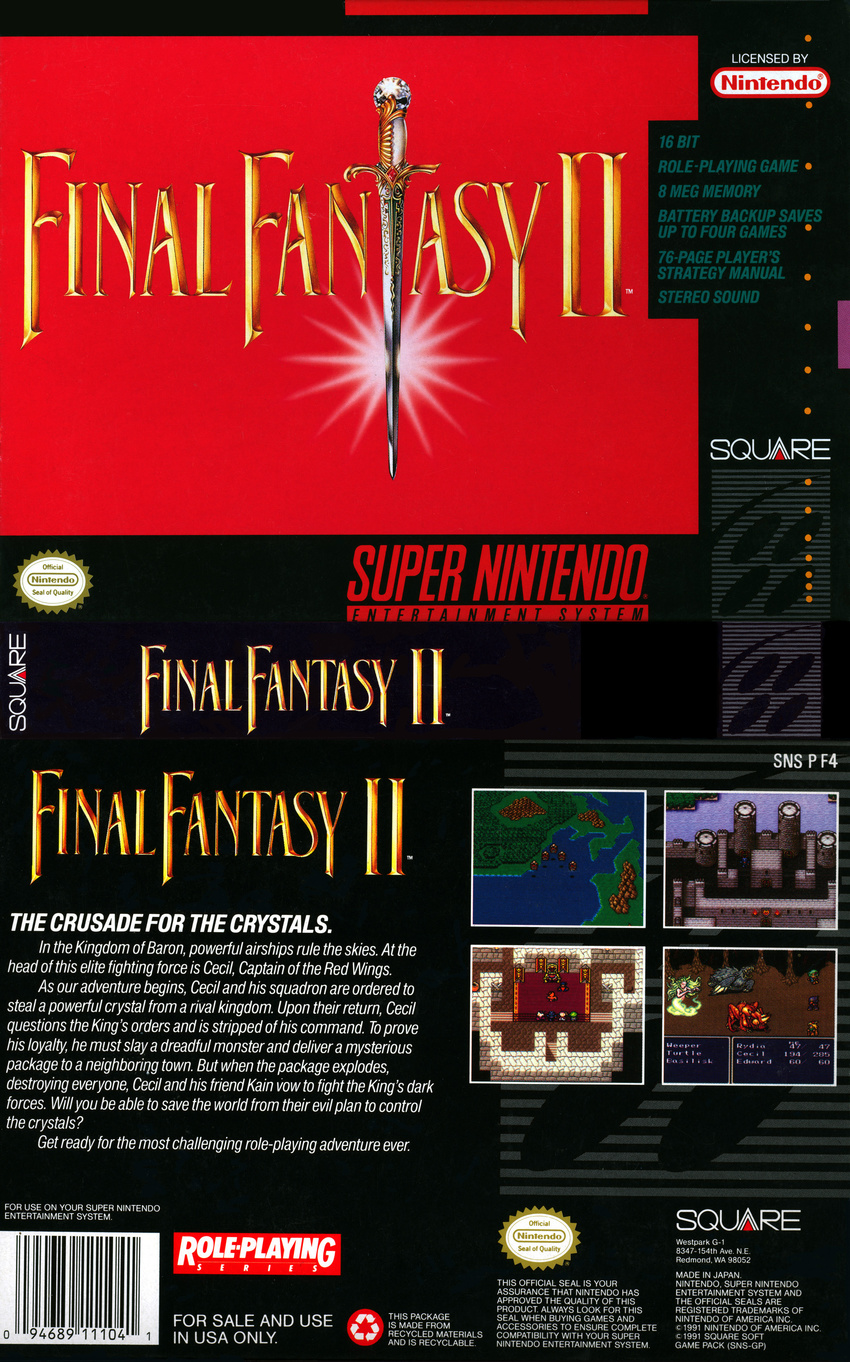 1991 absurdres box_art boxart edited final_fantasy final_fantasy_iv highres nintendo official_art photoshop rotated scan snes square square_enix super_nintendo super_nintendo_entertainment_system sword weapon