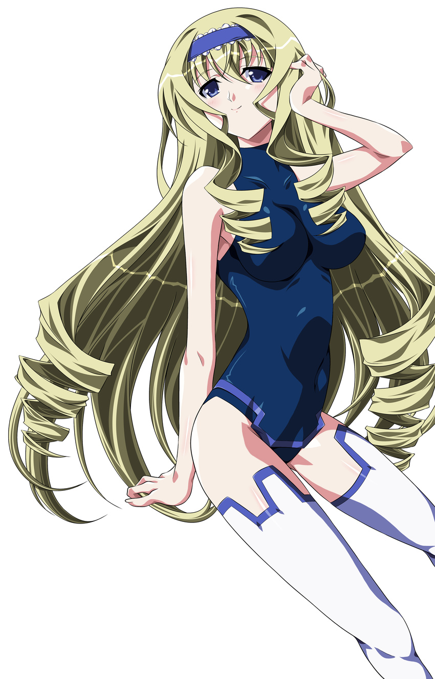 adjusting_hair arm_support bare_shoulders blonde_hair blue_eyes blue_hairband blue_leotard breasts cecilia_alcott covered_navel drill_hair from_side hair_between_eyes hairband halterneck highres impossible_clothes impossible_leotard infinite_stratos ka2 large_breasts leotard light_smile lolita_hairband long_hair looking_at_viewer pelvic_curtain pilot_suit sidelocks simple_background sitting skin_tight smile solo thighhighs turtleneck very_long_hair white_background white_legwear