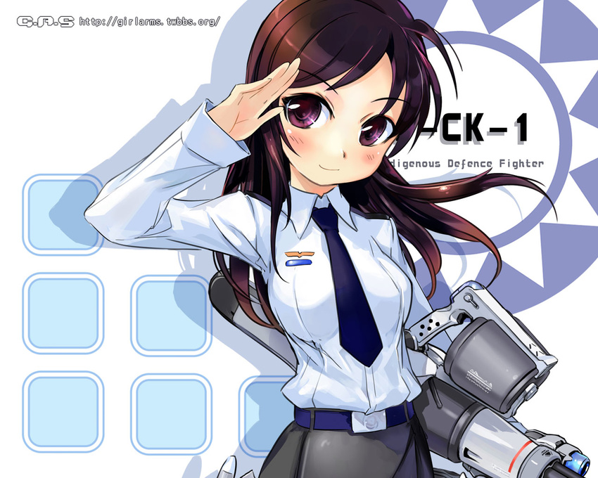 aircraft airplane brown_eyes brown_hair f-ck-1 girl_arms gun jet long_hair mecha_musume military necktie personification salute skirt solo thighhighs upper_body wallpaper weapon zeco