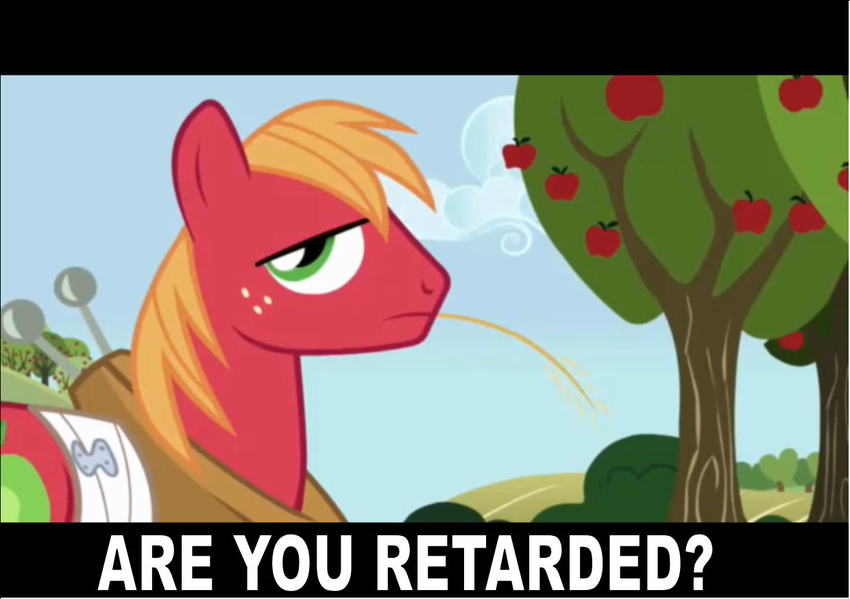 bandage big_macintosh_(mlp) cutie_mark earth_pony english_text equine feral freckles friendship_is_magic fruit fur horse image_macro looking_at_viewer male mammal my_little_pony outside pony reaction_image red_fur solo straw text tree unknown_artist wheat wood yoke