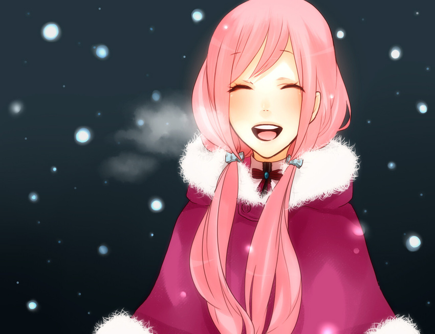 capelet closed_eyes fur_trim hair_ornament hairclip koyubi_right long_hair megurine_luka open_mouth pink_hair smile snowing solo twintails upper_body vocaloid