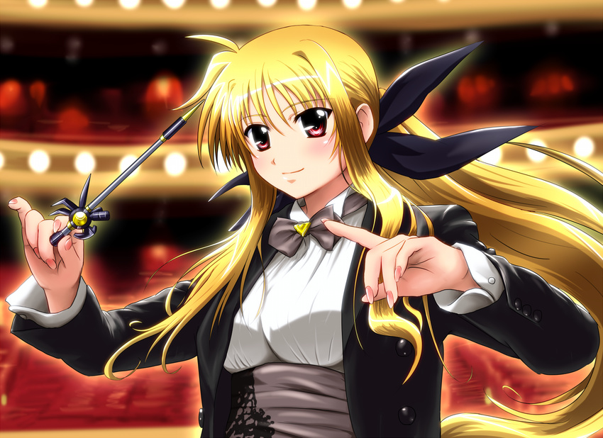 bardiche baton_(instrument) blush conductor diesel-turbo fate_testarossa formal hair_ribbon long_hair lyrical_nanoha mahou_senki_lyrical_nanoha_force mizuki_nana revision ribbon seiyuu_connection smile solo suit tuxedo very_long_hair