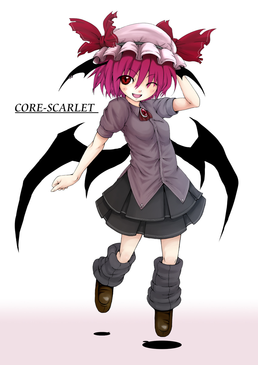 ;d absurdres alternate_costume bat_wings black_legwear blouse blush brooch fang floating hat hat_ribbon hayate-s head_wings highres jewelry koakuma loose_socks one_eye_closed open_mouth pleated_skirt purple_hair red_eyes ribbon shirt shoes short_hair skirt smile socks solo touhou wings