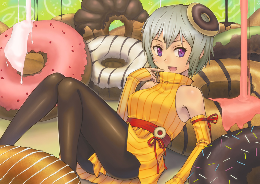 :d bare_shoulders black_legwear detached_sleeves doughnut finger_to_mouth food green_hair hashi highres in_food minigirl open_mouth original oversized_object pantyhose purple_eyes short_hair silver_hair sitting smile solo
