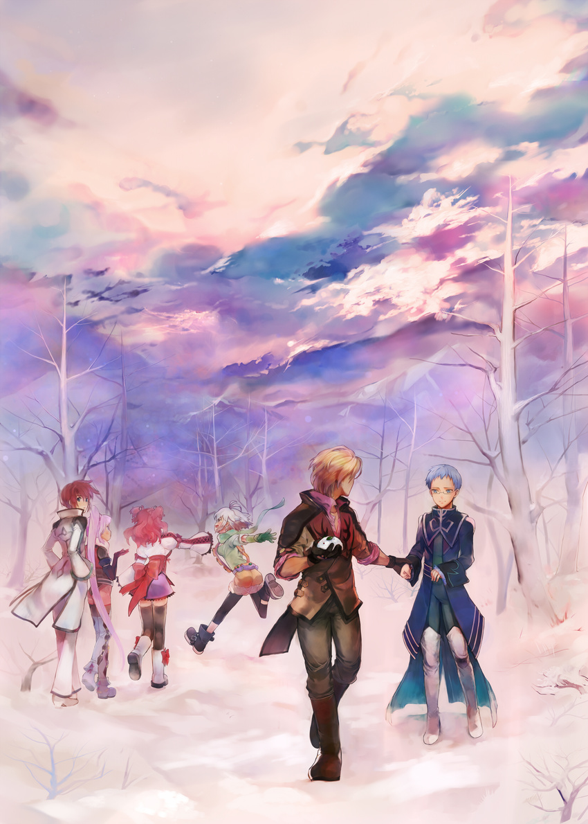 3girls asbel_lhant blue_eyes blue_hair brown_hair cheria_barnes glasses gloves highres hubert_ozwell leggings long_hair looking_back malik_caesars misada multicolored_hair multiple_boys multiple_girls pascal purple_hair purple_skirt red_hair skirt smile snow sophie_(tales) tales_of_(series) tales_of_graces thighhighs twintails uniform