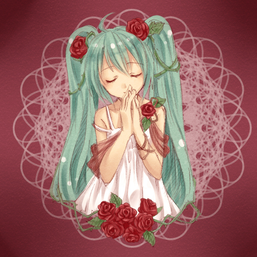ahoge closed_eyes flower green_hair hair_flower hair_ornament hands_together hatsune_miku long_hair own_hands_together red_flower red_rose rose solo twintails very_long_hair vocaloid yayoi_(egoistic_realism)